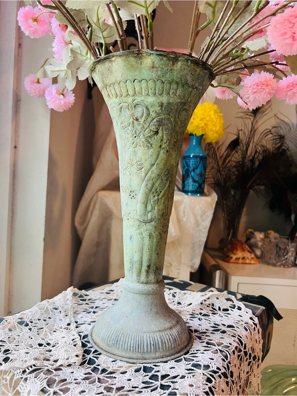 Vintage Pink Pom-Pom Floral Arrangement in Aged Patinated Green “Florists” Vase - Picture 2 of 11